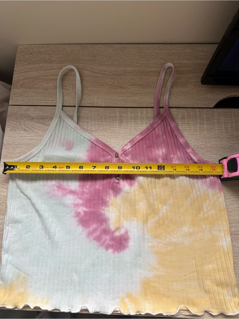 American Eagle Tie-Dye Ribbed Henley Tank Top - Pink, Yellow & Blue - Picture 7 of 8